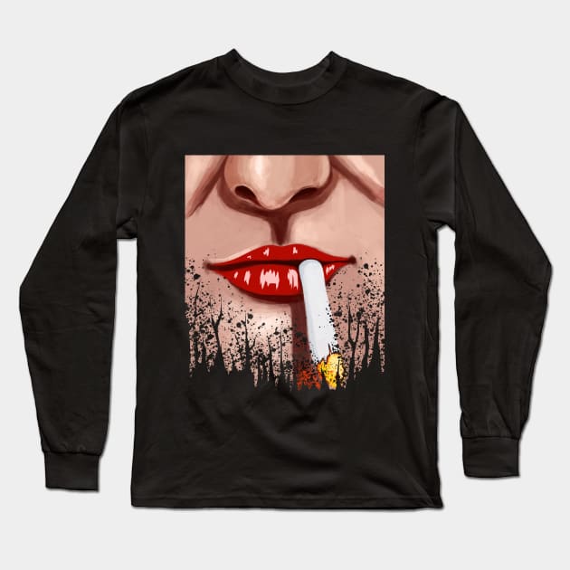 Cigarette Smoking Red Lips and Dark Forest Long Sleeve T-Shirt by TWOintoA